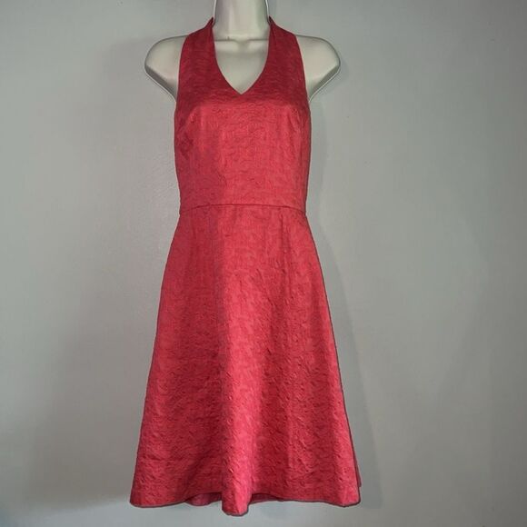 AnnTaylor 100% cotton jacquard marked damask halter dress - Picture 2 of 8